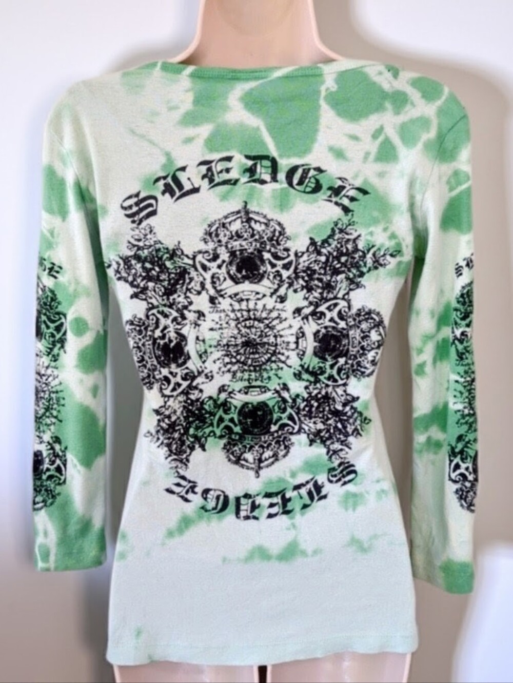Vintage Y2K Sledge USA Green Tie Dye Graphic Thermal Top Small